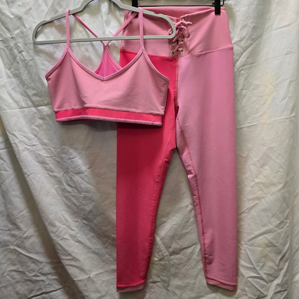 LoveShackFancy x Beach Riot pink colorblock ribbed‎ large legging XL sports bra